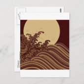日本の伝統的な波と月模様 ポストカード (正面/裏面)