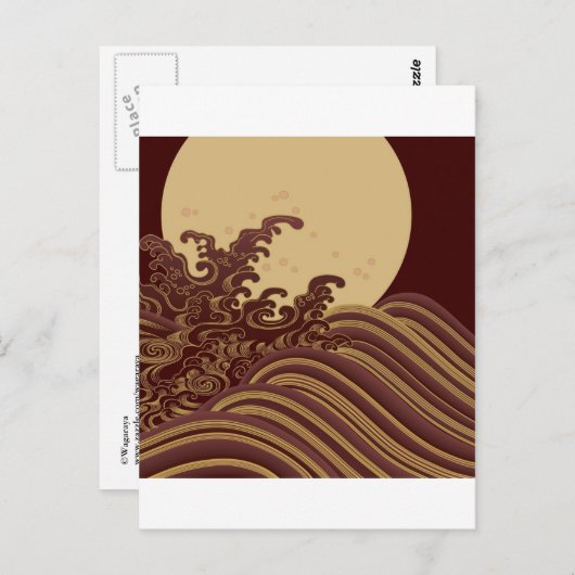 日本の伝統的な波と月模様 ポストカード (正面/裏面)