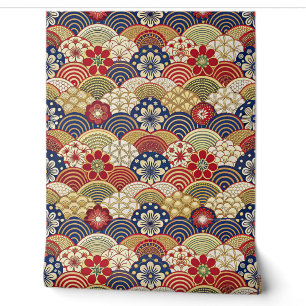 日本の伝統的な色とりどりの花と扇 壁紙