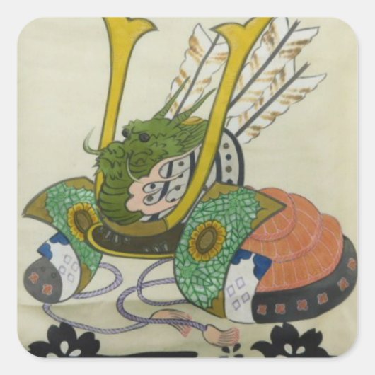 日本の伝統的着物生地シール（兜-kabuto1） スクエアシール (正面)