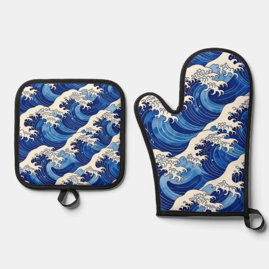 日本の偉大な波模様の海 鍋つかみ&鍋敷きセット (正面)
