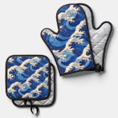 日本の偉大な波模様の海 鍋つかみ&鍋敷きセット (正面/裏面)