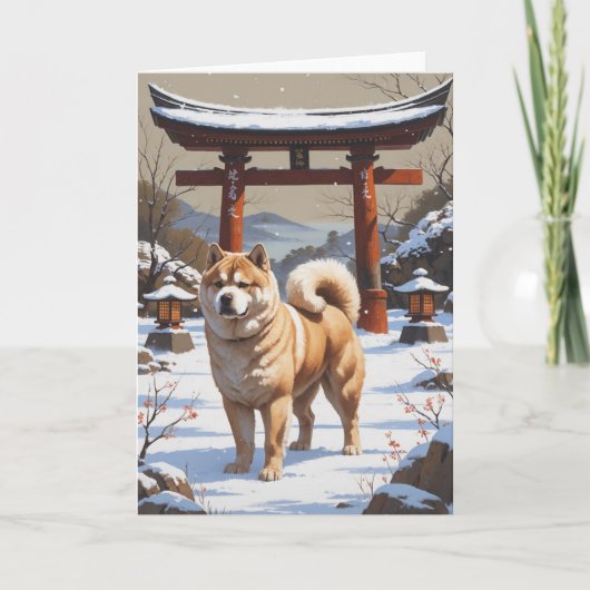 日本の冬の風景に立つ秋田犬の伝統芸術 カード (正面)