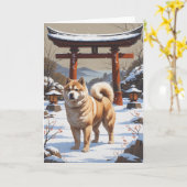 日本の冬の風景に立つ秋田犬の伝統芸術 カード (黄色い花)