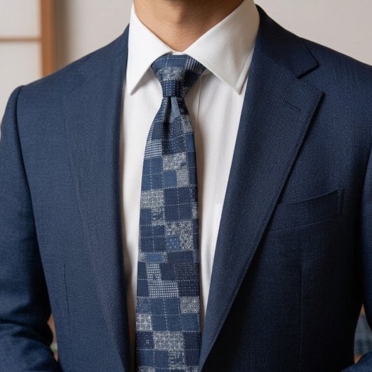 日本の刺し子パッチワーク模様 ネクタイ