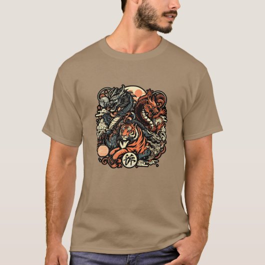 日本の動物 龍と虎の友達 Tシャツ (正面)