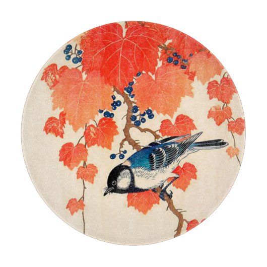 日本の古い絵の鳥と秋のブドウのつる カッティングボード (正面)