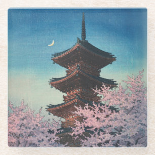 日本の古典的な浮世絵 春の夜の五重塔 ガラスコースター