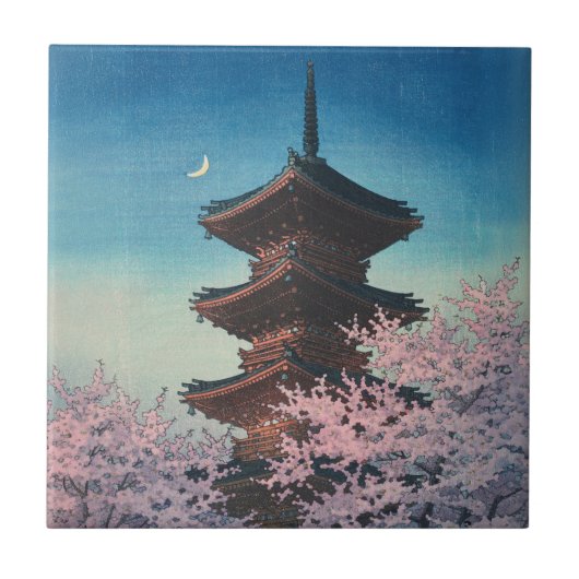 日本の古典的な浮世絵 春の夜の五重塔 タイル (正面)