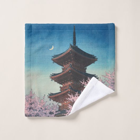 日本の古典的な浮世絵 春の夜の五重塔 バスタオルセット (ウォッシュタオル)