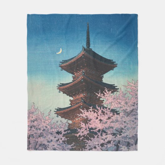 日本の古典的な浮世絵 春の夜の五重塔 フリースブランケット (正面)