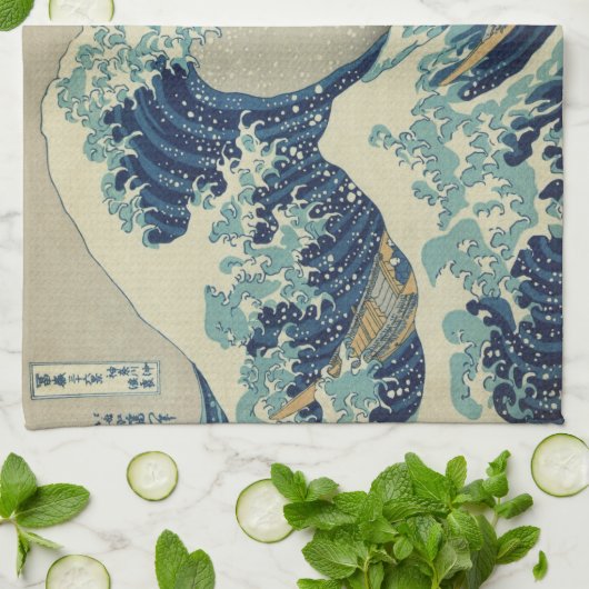 日本の古美術、葛飾北斎による「富嶽三十六景・神奈川沖浪裏」 キッチンタオル (折り畳み)