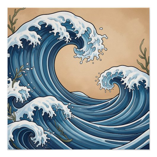 日本の和風の大きな青い海の波 ポスター (正面)