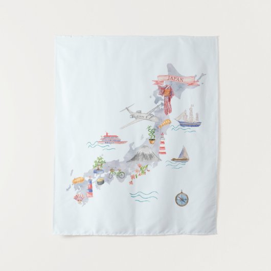 日本の図解入りの、写真付きの地図 タペストリー (正面)