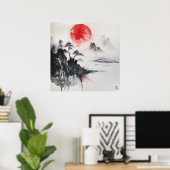 日本の墨絵水彩プリント- ポスター (ホームオフィス)