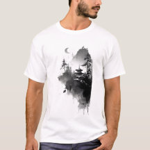 日本の墨絵禅寺風景Tシャツ