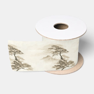 日本の墨絵風景 ミニマルな霧の山 サテンリボン