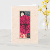 日本の女性と傘のハッピーお盆カード カード (黄色い花)