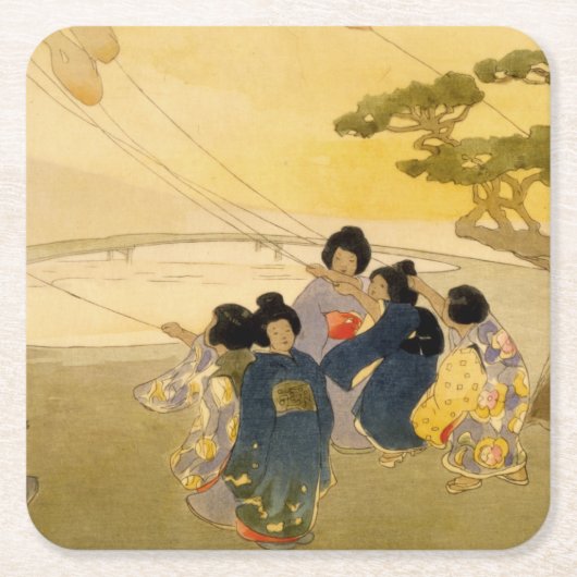 日本の子飛んでいる凧 – Bertha Lum - 1913 スクエアペーパーコースター (正面)