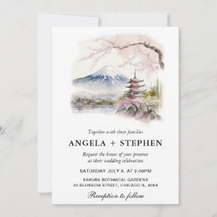 日本の富士山と五重塔の美しい水彩画の結婚式 招待状