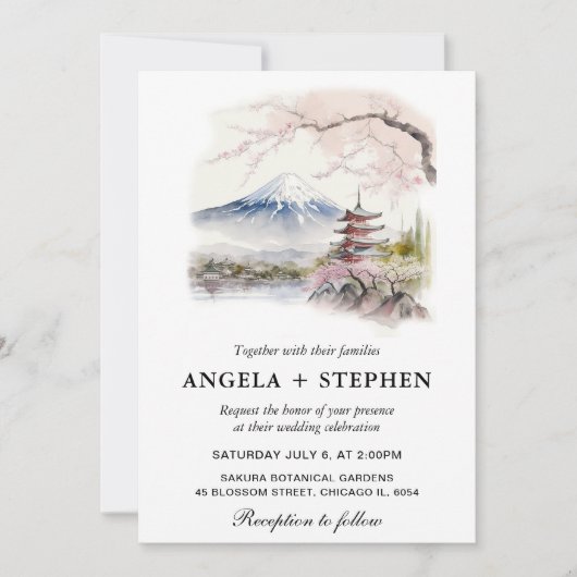 日本の富士山と五重塔の美しい水彩画の結婚式 招待状 (正面)
