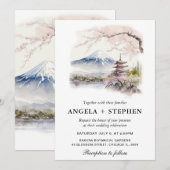 日本の富士山と五重塔の美しい水彩画の結婚式 招待状 (正面/裏面)