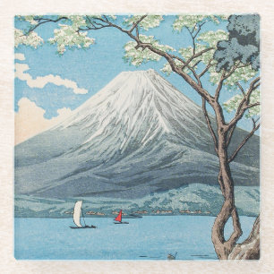 日本の富士山と山中湖のレトロアート ガラスコースター