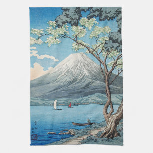 日本の富士山と山中湖のレトロアート キッチンタオル