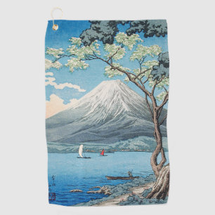 日本の富士山と山中湖のレトロアート ゴルフタオル
