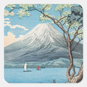 日本の富士山と山中湖のレトロアート スクエアシール