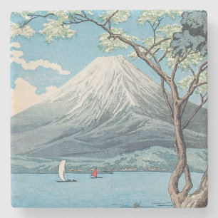 日本の富士山と山中湖のレトロアート ストーンコースター