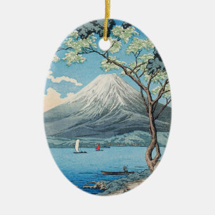 日本の富士山と山中湖のレトロアート セラミックオーナメント