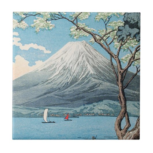 日本の富士山と山中湖のレトロアート タイル (正面)