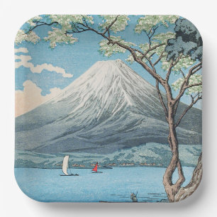 日本の富士山と山中湖のレトロアート ペーパープレート
