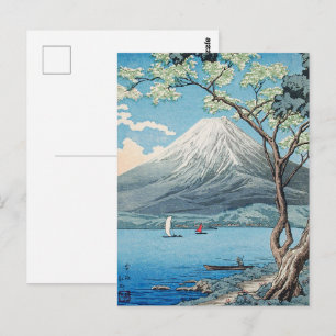 日本の富士山と山中湖のレトロアート ポストカード