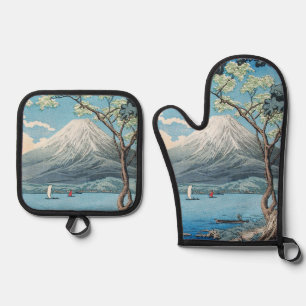 日本の富士山と山中湖のレトロアート 鍋つかみ&鍋敷きセット