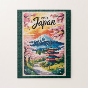 日本の富士山イラスト 旅行アート ビンテージ ジグソーパズル