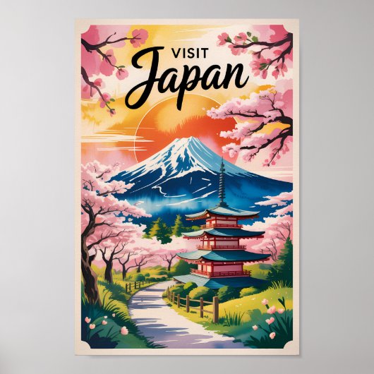 日本の富士山イラスト 旅行アート ヴィンテージ ポスター (正面)