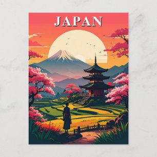 日本の富士山、五重塔と桜のヴィンテージ ポストカード