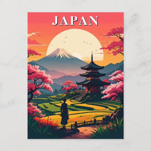 日本の富士山、五重塔と桜のヴィンテージ ポストカード (正面)