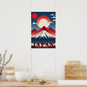 日本の富士山 幾何学デザイン 旅行 赤い太陽 ポスター (キッチン)