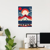 日本の富士山 幾何学デザイン 旅行 赤い太陽 ポスター (ホームオフィス)
