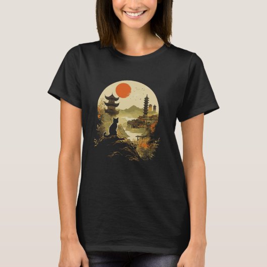日本の寺と黒猫の静かな夜 Tシャツ (正面)