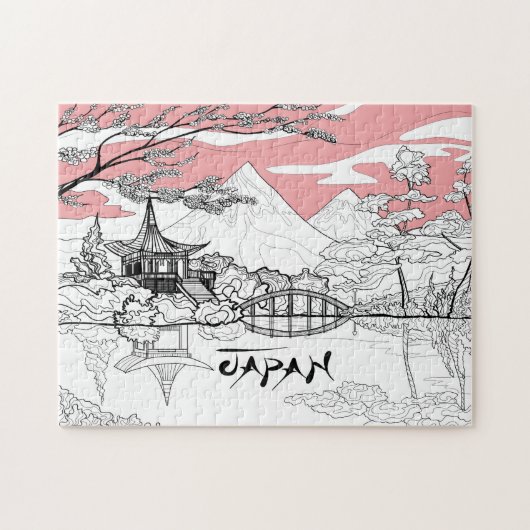 日本の寺院湖山のラインアート ジグソーパズル (横)