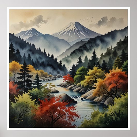 日本の山々 水彩画ウォールアート ポスター (正面)