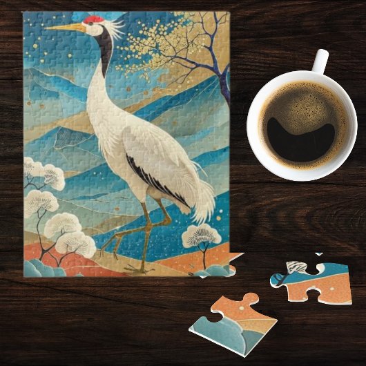 日本の山と紅葉の松に立つツル ジグソーパズル