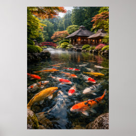 日本の庭園と鯉の池 - フォトグラフィックイメージ ポスター