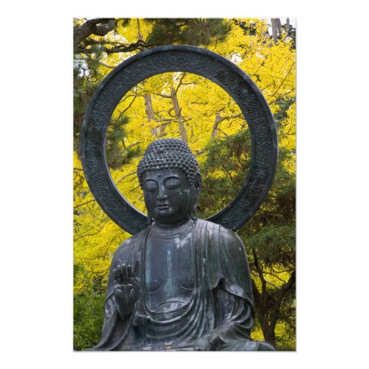 日本の庭園の黄金の仏像 フォトプリント (正面)