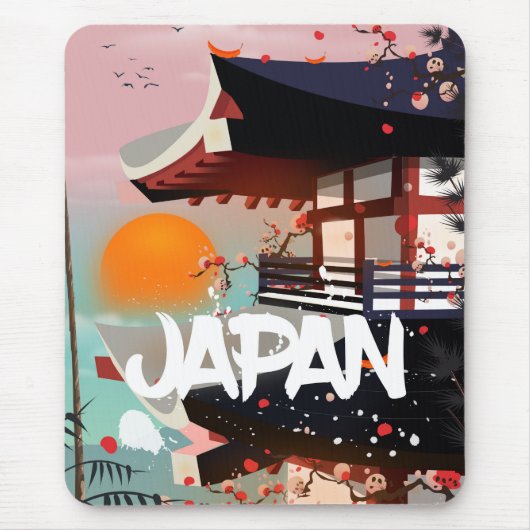 日本の建物と夕日 ポスター マウスパッド (正面)