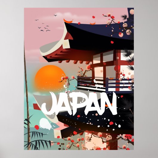 日本の建物に沈む夕日ポスター ポスター (正面)